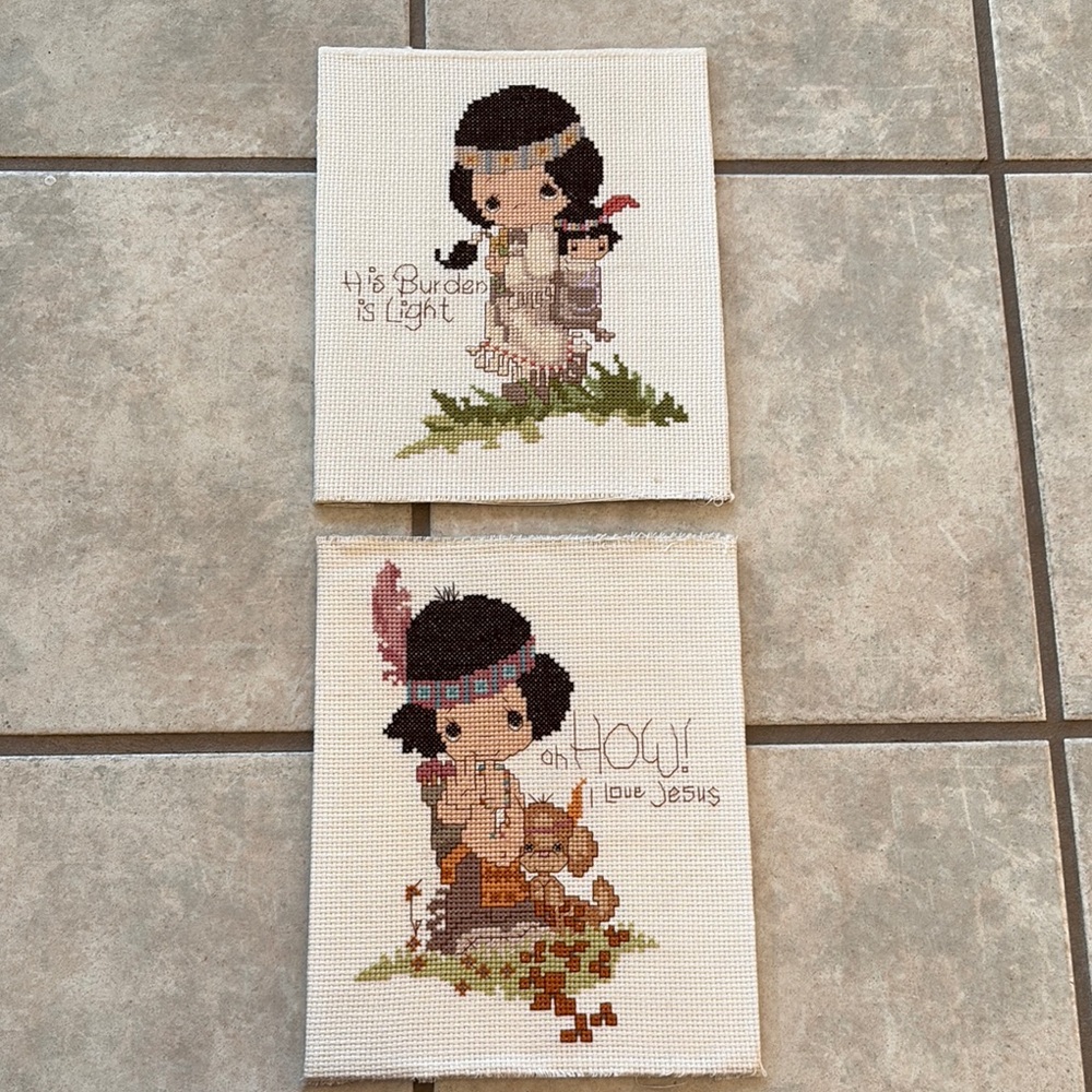 Handmade cross stitched precious moments, set of two 8x 10 needlepoint